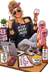 Originalmotiv: Freche blonde Frau mit Sonnenbrille, rosa Haarschleife und Weinglas sitzt mit einer Katze in Sonnenbrille an einem Schreibtisch.
