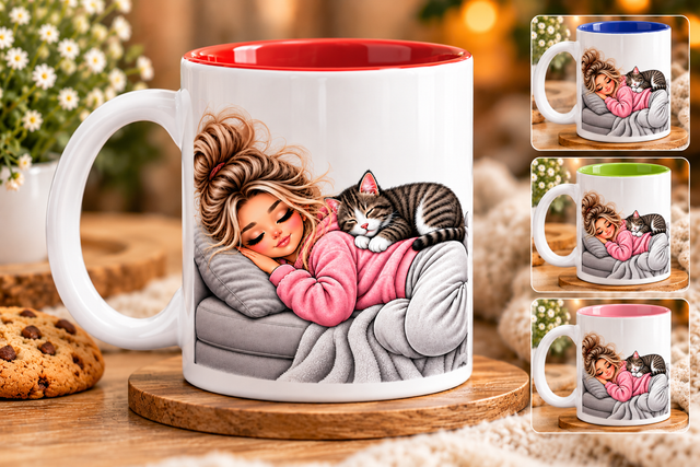 Katzen Tasse mit rosa Innenseite, weißem Henkel und liebevollem Motiv einer schlafenden Frau mit getigerter Katze