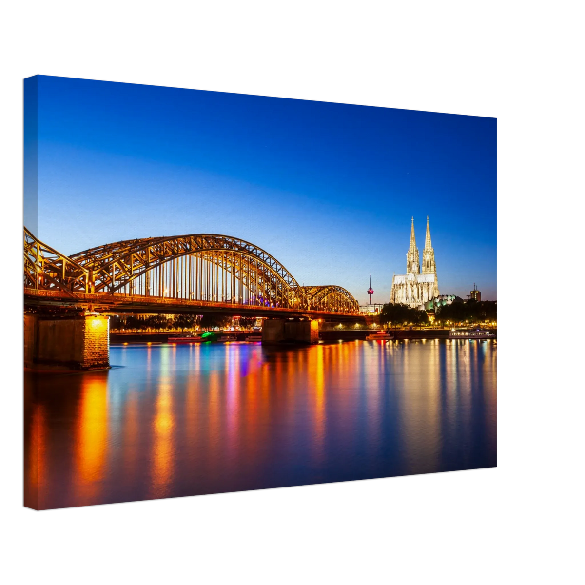 Stimmungsvolle Wandkunst für stilvolle Räume. Köln bei Nacht – Hochwertiger Leinwanddruck für Wohnzimmer & Büro: zeitlos und harmonisch. Schlicht, elegant und wirkungsvoll.
