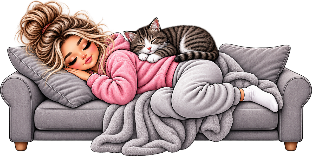 Illustration einer schlafenden Blondine im rosa Pullover mit getigerter Katze auf einem grauen Sofa als Motiv für eine personalisierte Katzentasse