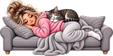 Illustration einer schlafenden Blondine im rosa Pullover mit getigerter Katze auf einem grauen Sofa als Motiv für eine personalisierte Katzentasse
