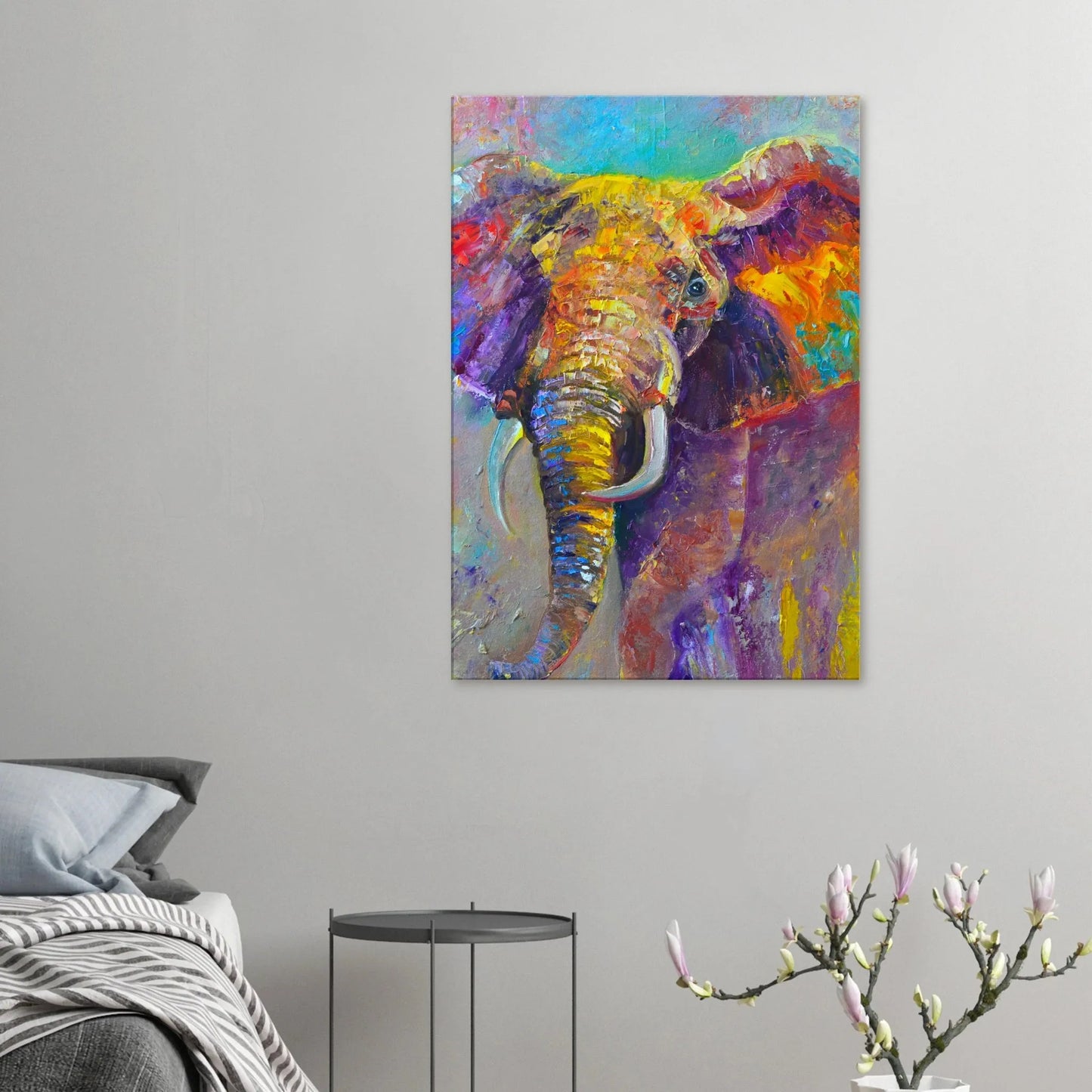 Dekoration mit Charakter. Leinwand Kunstdruck Bunter Elefant – Lebendige Farben 70x100 cm: passt in jedes Ambiente. Eine besondere Bereicherung für jeden Raum.