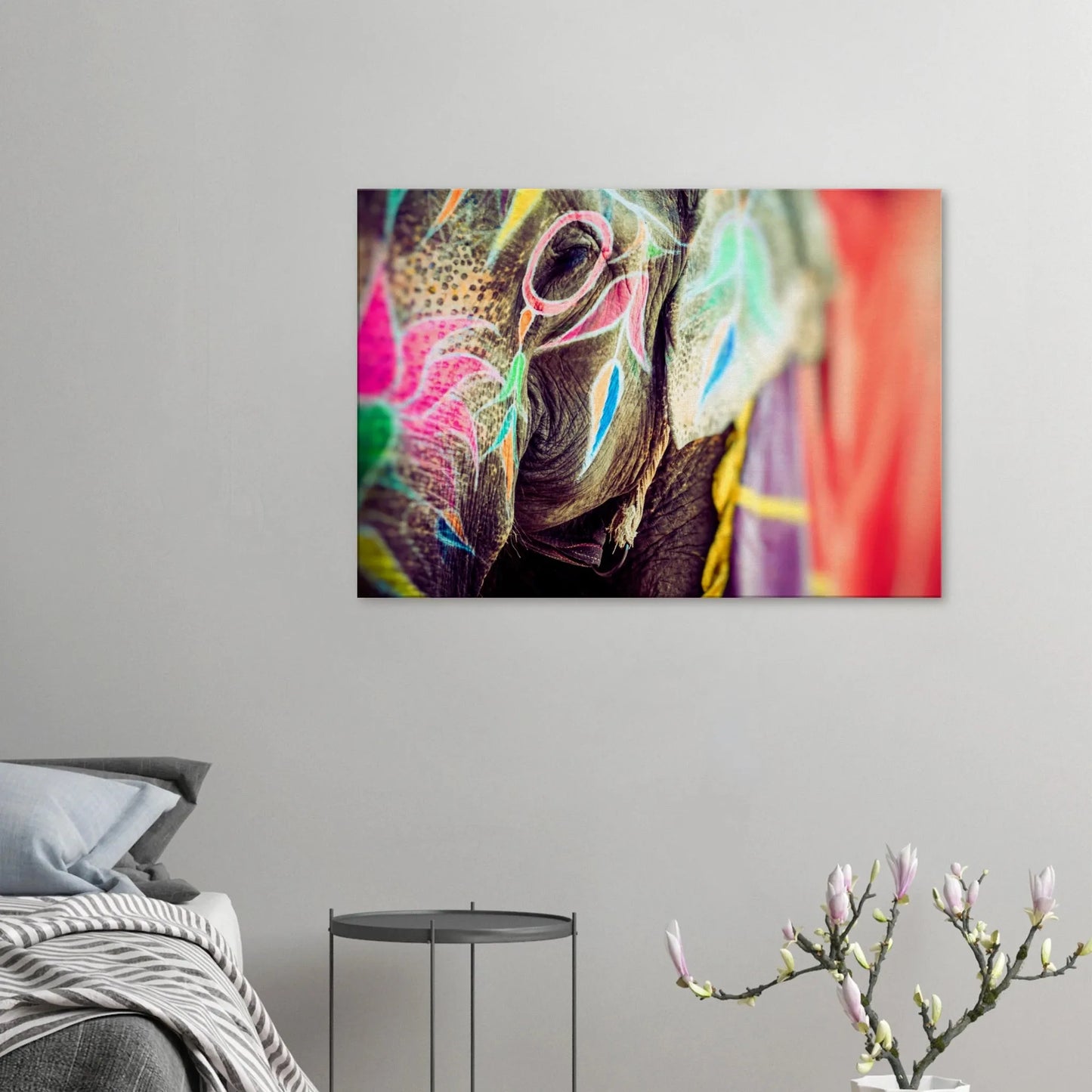 Ein Ausdruck moderner Ästhetik. Leinwandbild Kunstdruck Bunter Elefant 70x100 cm / 28x40″: zeitlos und harmonisch. Schlicht, elegant und wirkungsvoll.