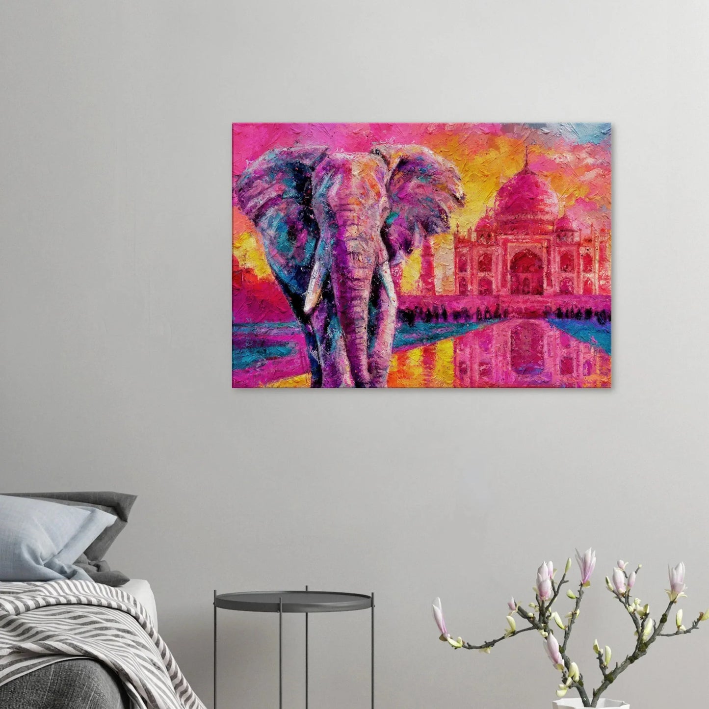 Dekoration mit Charakter. Leinwand Bunter Elefant in leuchtenden Farben 70x100 cm / 28x40″: zeitlos und harmonisch. Eine besondere Bereicherung für jeden Raum.