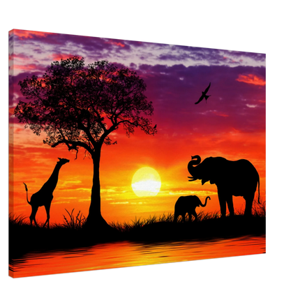 Dekoration mit Charakter. Leinwand  Kunstdruck Elefanten vor Sonnenuntergang 70x100 cm: für stilvolle Raumgestaltung. Eine besondere Bereicherung für jeden Raum.