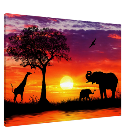 Dekoration mit Charakter. Leinwand  Kunstdruck Elefanten vor Sonnenuntergang 70x100 cm: für stilvolle Raumgestaltung. Eine besondere Bereicherung für jeden Raum.