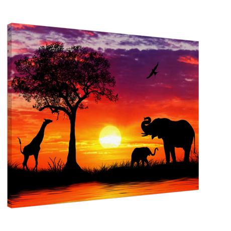 Leinwand Bild Kunstdruck Elefanten vor Sonnenuntergang 70x100 cm – Wandbild auf Leinwand für Wohn- und Arbeitsräume