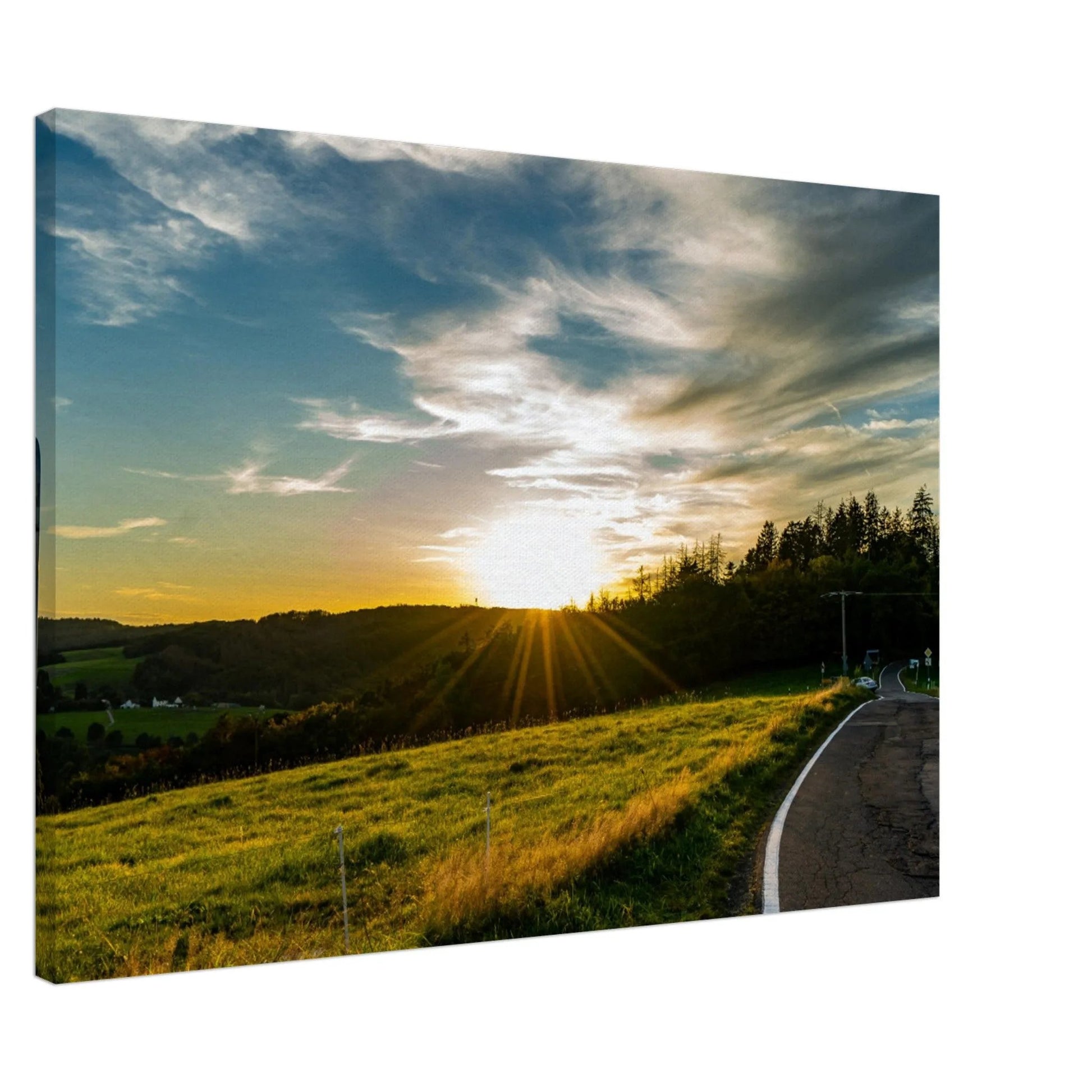 Stimmungsvolle Wandkunst für stilvolle Räume. Kunstdruck auf Leinwand - Sonnenuntergang im Westerwald 70x100 cm / 28x40″: passt in jedes Ambiente. Schlicht, elegant und wirkungsvoll.