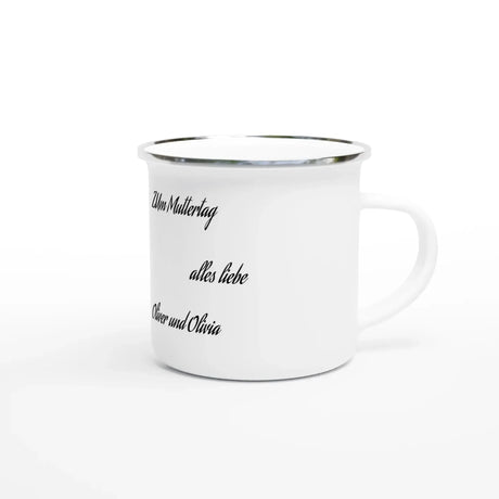 Dekoration mit Charakter. Weiße Emaille-Tasse (12oz): zeitlos und harmonisch. Schlicht, elegant und wirkungsvoll.