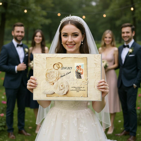 Geschenk zur Hochzeit - Hochwertiger Holzdruck aus Birkenholz für rustikale Wandkunst – Holzbild mit sichtbarer natürlicher Materialwirkung