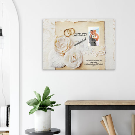 Romantische Dekoration mit emotionaler Tiefe. Geschenk zur Hochzeit - personalisierte Leinwand: symbolisiert Liebe und Zusammenhalt. Ideal für frisch Vermählte und verliebte Paare.