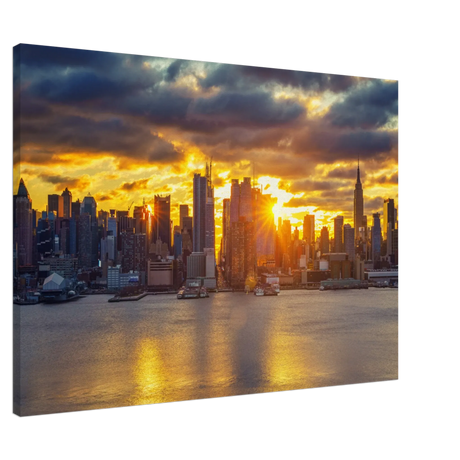 Stadt vor einem Einzigartigen Sonnenaufgang - Wohnraumverschönerung 70x100 – Kunstdruck auf Leinwand mit Holzkeilrahmen