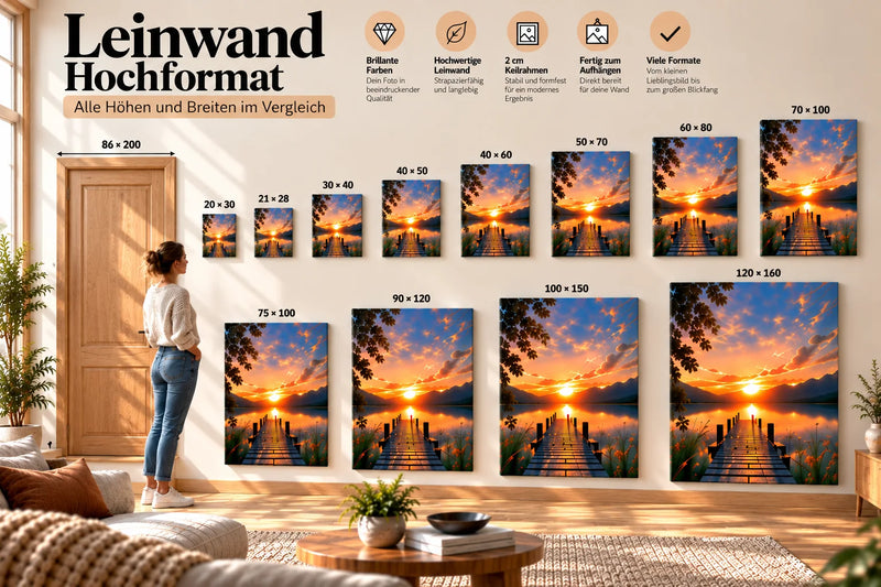 Leinwand Größenvergleich im Hochformat von 20 × 30 bis 120 × 160 cm mit Tür und Person als Größenreferenz