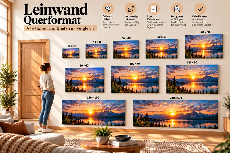 Leinwand Größenvergleich im Querformat von 30 × 20 bis 200 × 100 cm mit Tür und Person als Größenreferenz